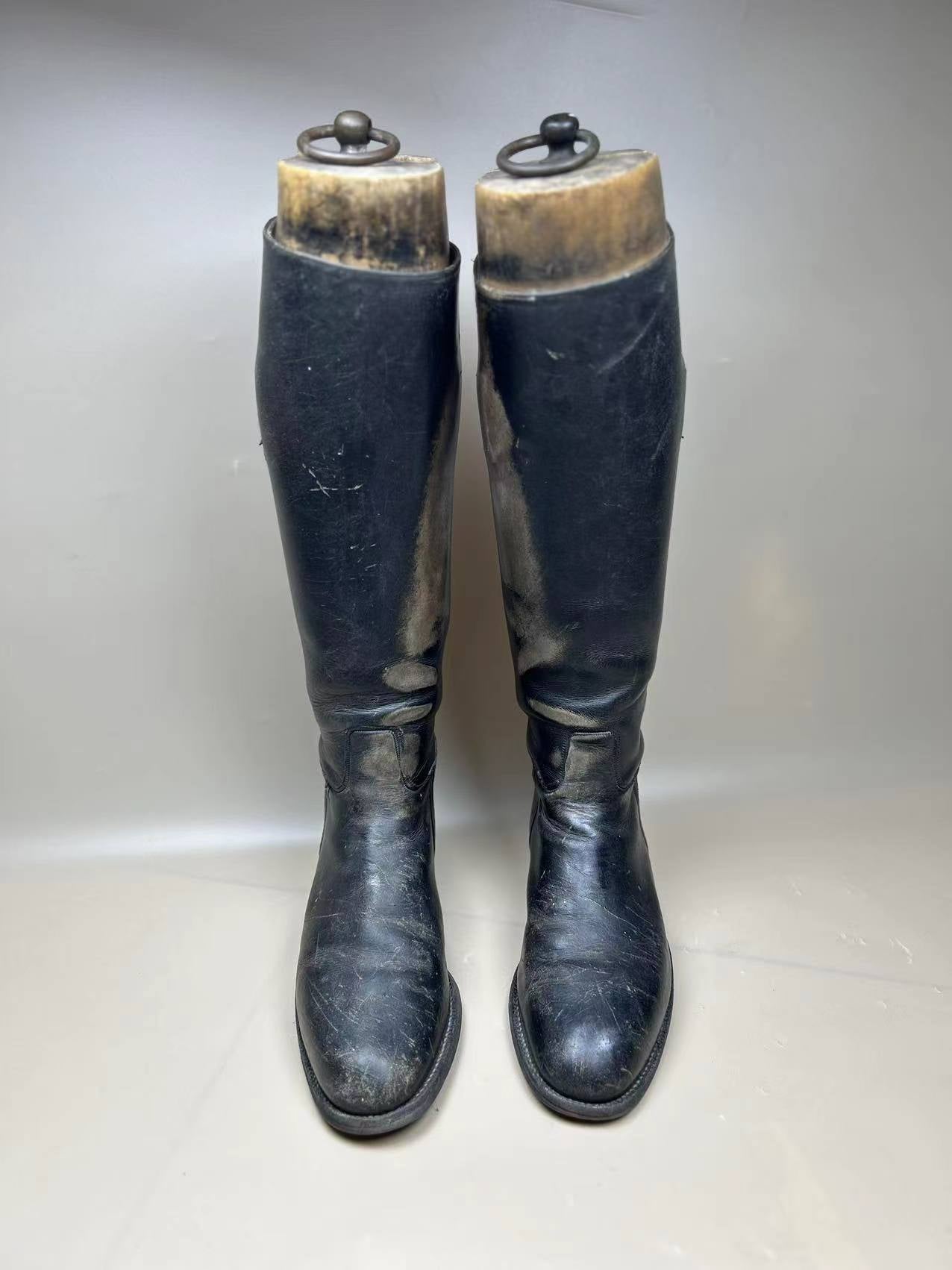 England Made Super BLACK Leather Riding Boots &amp; Wooden Trees UK Size 7 E
