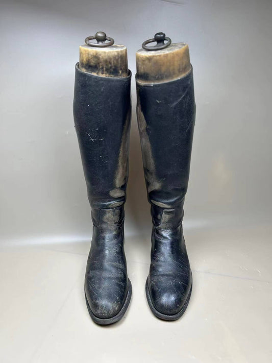 England Made Super BLACK Leather Riding Boots &amp; Wooden Trees UK Size 7 E