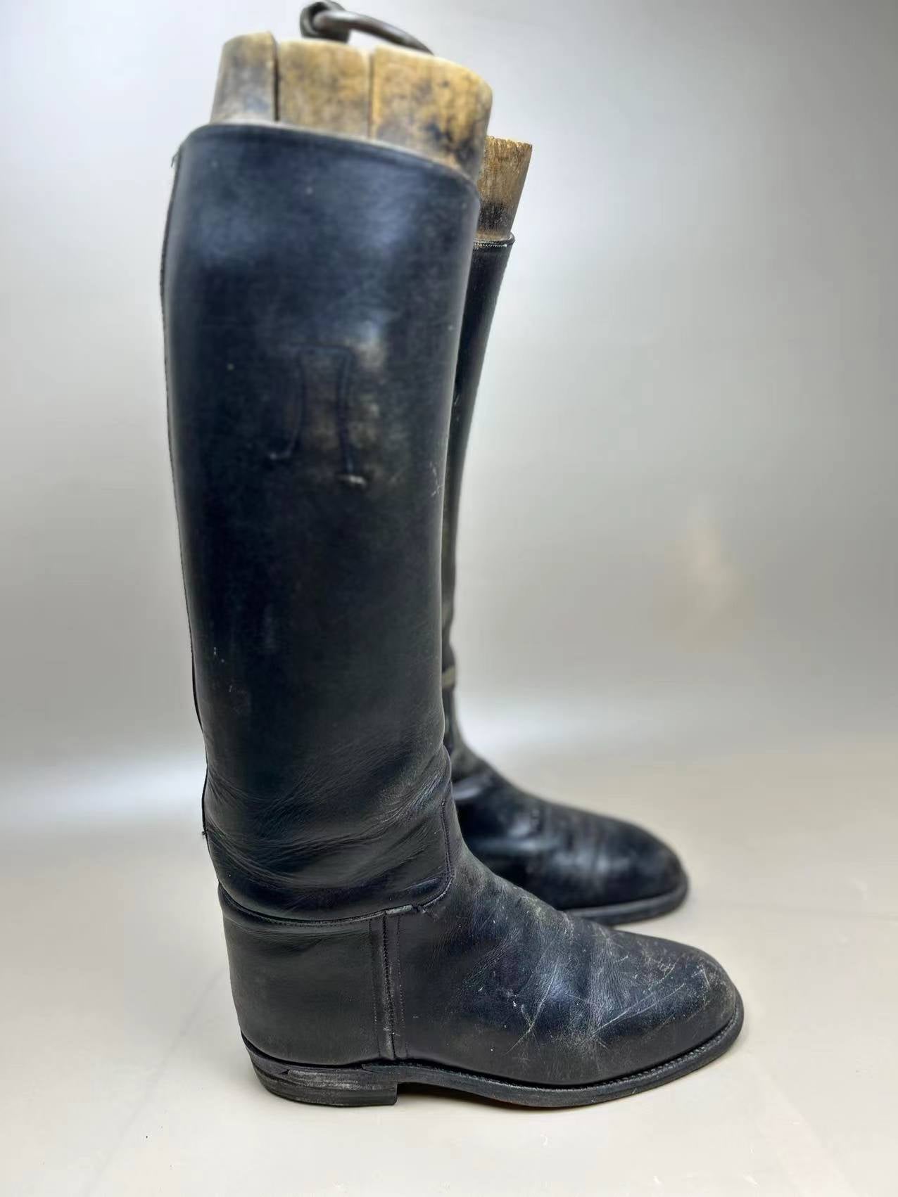 England Made Super BLACK Leather Riding Boots &amp; Wooden Trees UK Size 7 E